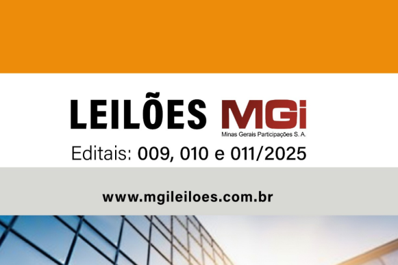 A MGI Leilões, parceira do Creci-MG, apresenta os Editais 009, 010 e 011/2025.